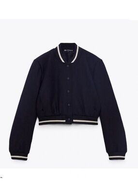 Zara Navy Cropped Varsity Jacket